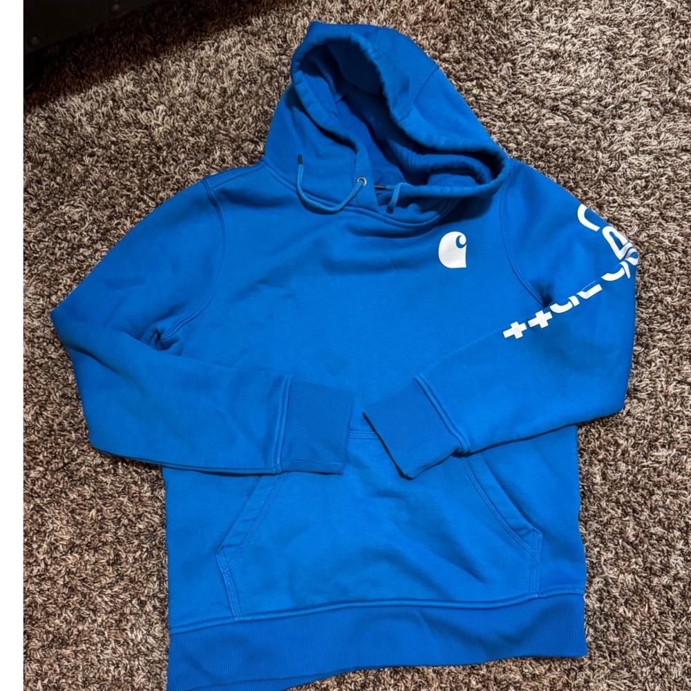 Carhartt Womens Relaxed Fit Sleeve Logo Hoodie Blue Sweatshirt S 4-6